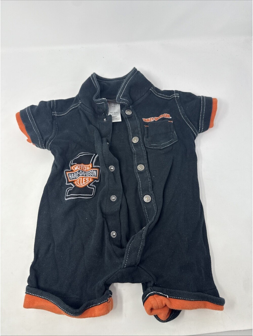 Harley-Davidson Baby Romper Black Orange Motorcycle Team Snap Front 6-9 Months